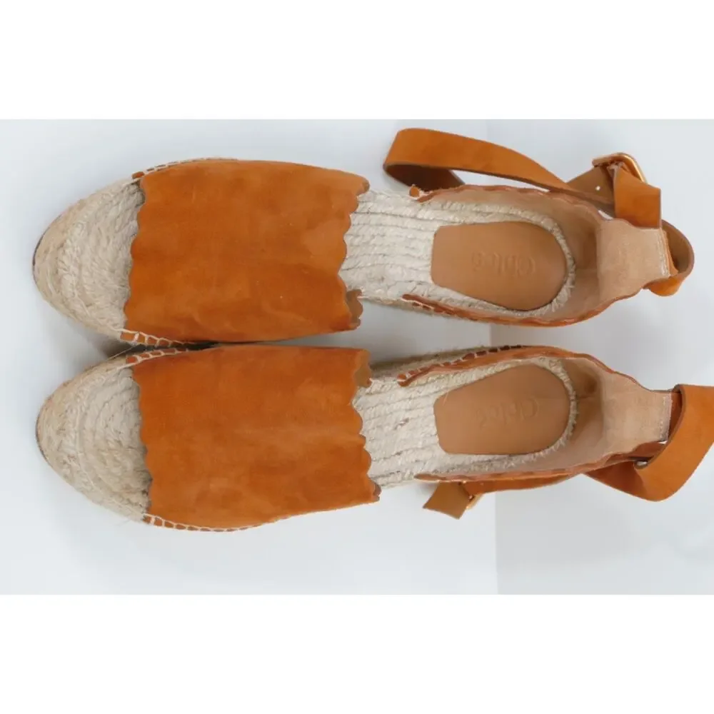 Chloe Lauren Scalloped Suede Espadrille Wedge Sandals 38 Tan Chestnut Platforms
